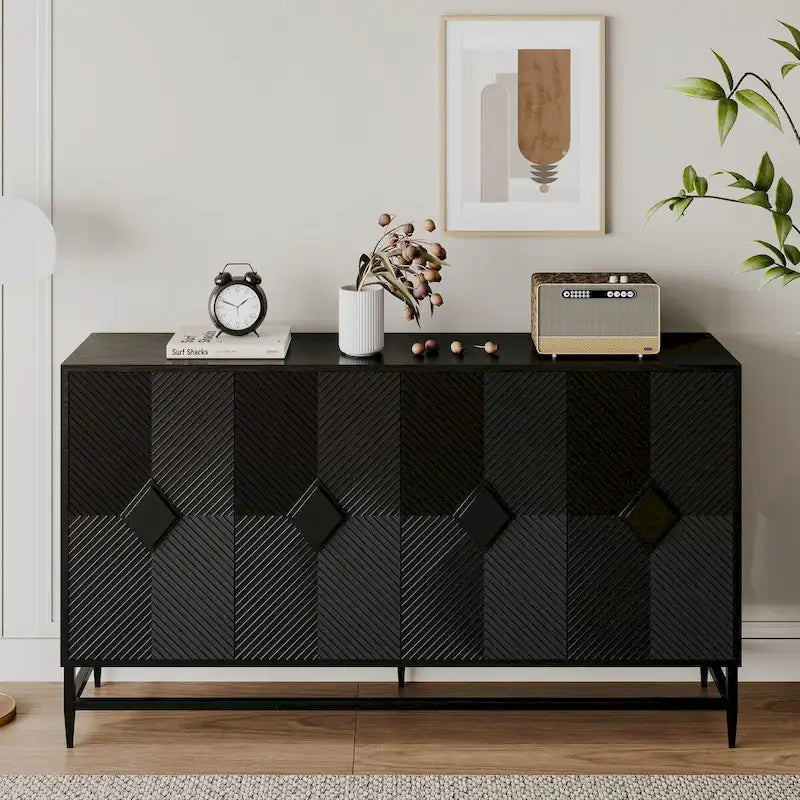 4-Door Fluted Sideboard Cabinet with Metal Legs & Adjustable Shelves