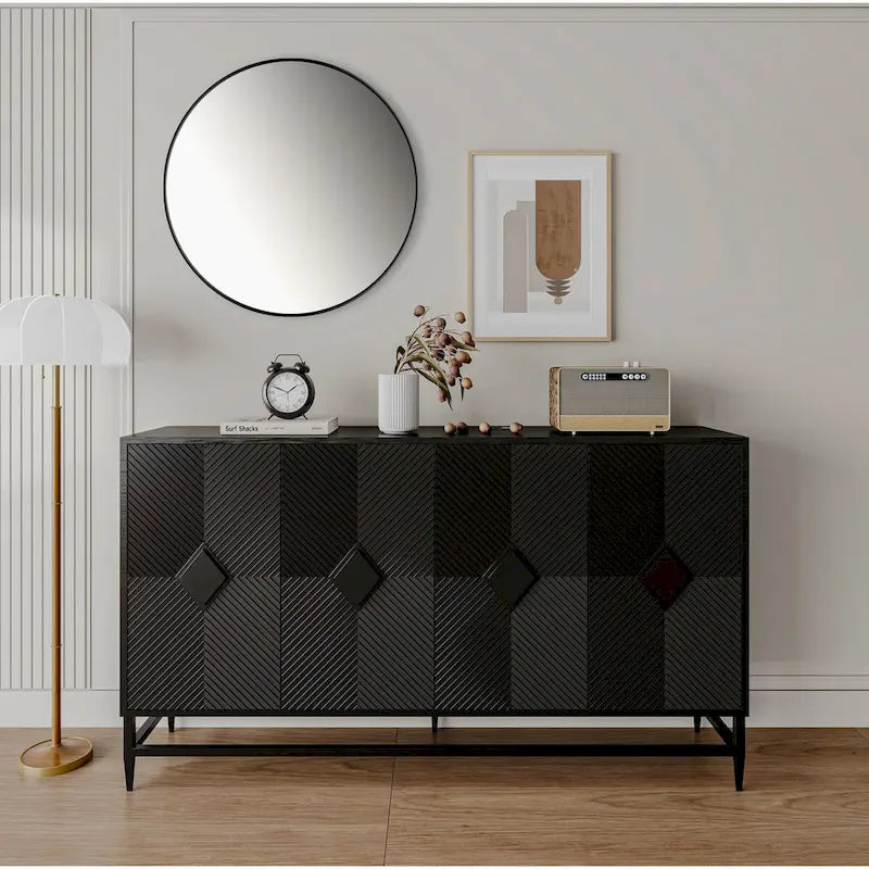 4-Door Fluted Sideboard Cabinet with Metal Legs & Adjustable Shelves