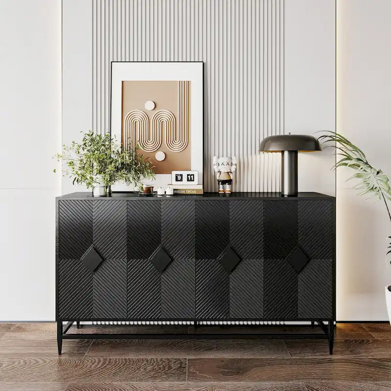 4-Door Fluted Sideboard Cabinet with Metal Legs & Adjustable Shelves