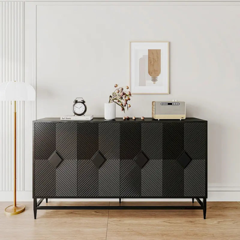 4-Door Fluted Sideboard Cabinet with Metal Legs & Adjustable Shelves