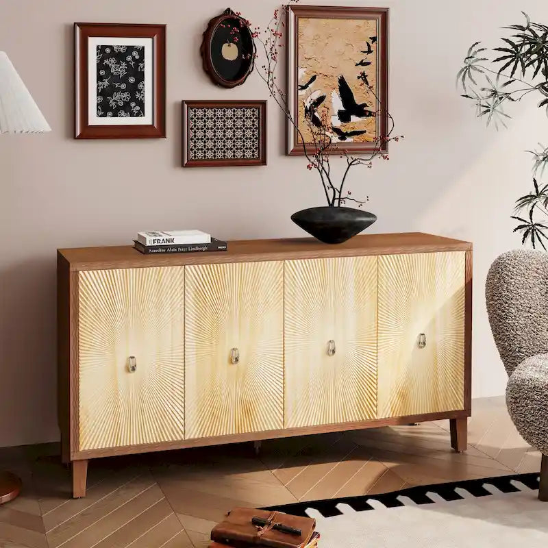 Vintage 4-Door Carved Sideboard Buffet with Adjustable Shelves & Solid Wood Legs