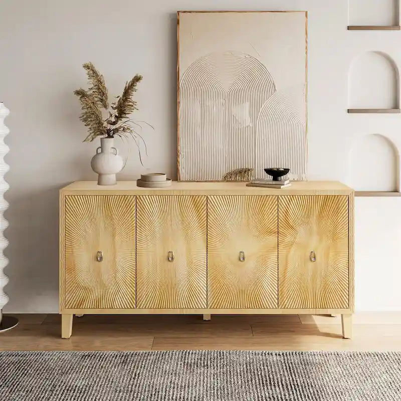 Vintage 4-Door Carved Sideboard Buffet with Adjustable Shelves & Solid Wood Legs