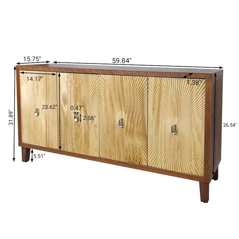 Vintage 4-Door Carved Sideboard Buffet with Adjustable Shelves & Solid Wood Legs
