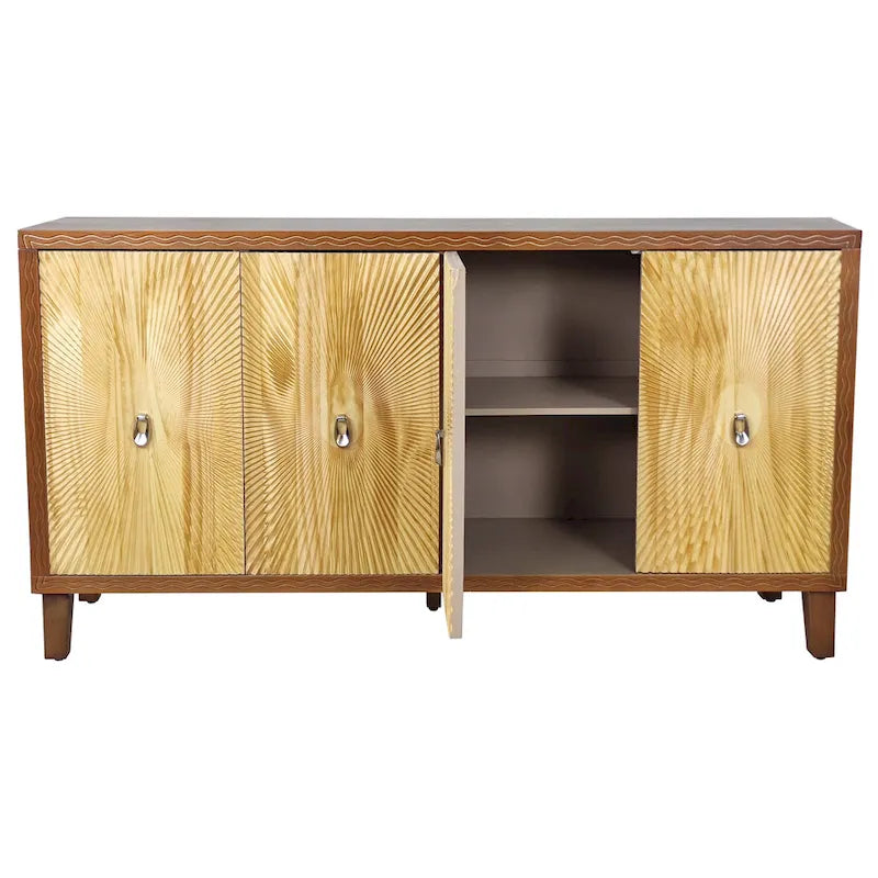 Buffet Vintage 4 Portes Sculpté avec Étagères Réglables et Pieds en Bois Massif