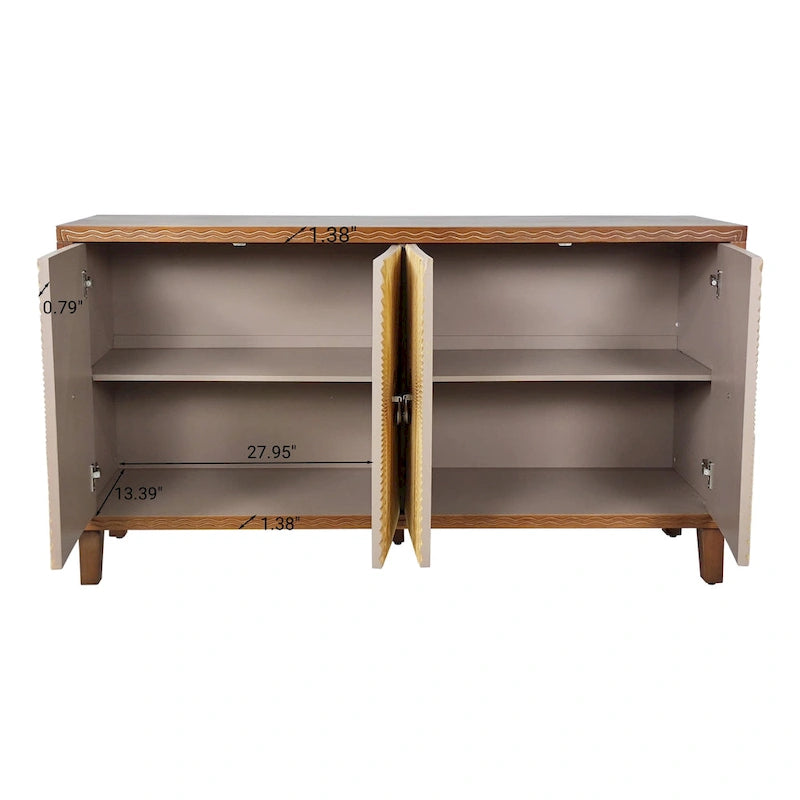 Buffet Vintage 4 Portes Sculpté avec Étagères Réglables et Pieds en Bois Massif