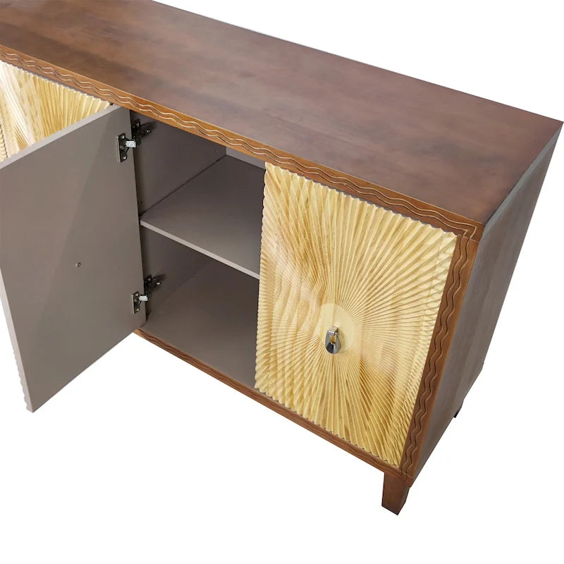 Buffet Vintage 4 Portes Sculpté avec Étagères Réglables et Pieds en Bois Massif
