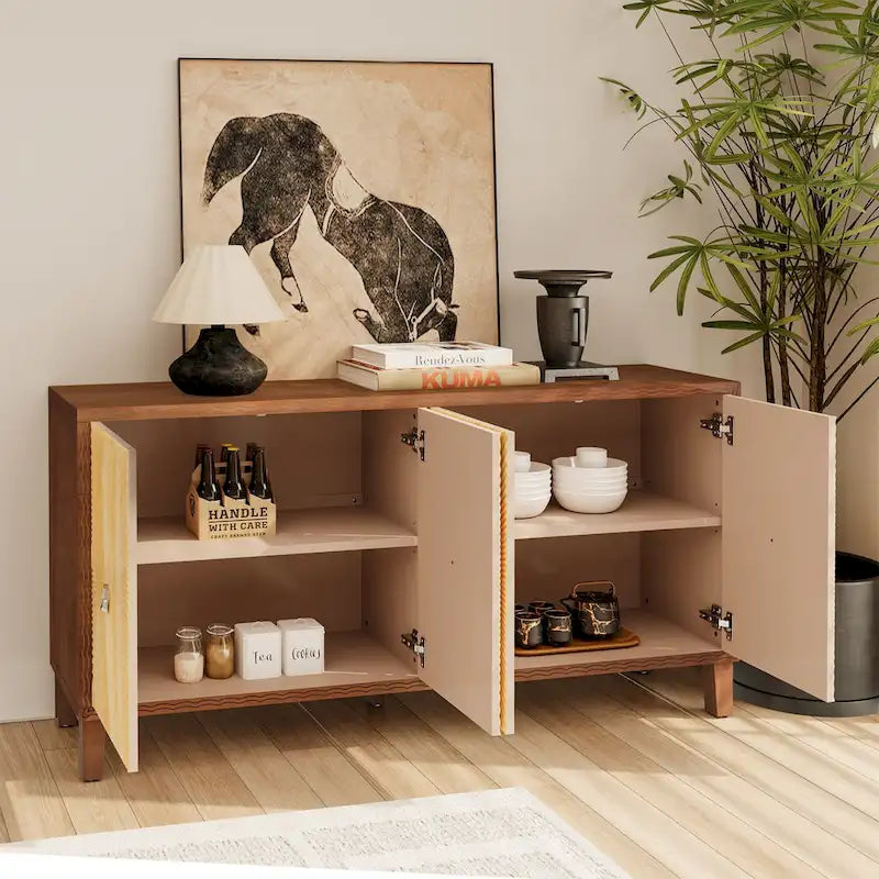 Buffet Vintage 4 Portes Sculpté avec Étagères Réglables et Pieds en Bois Massif