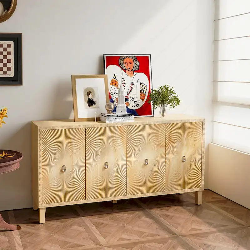 Buffet Vintage 4 Portes Sculpté avec Étagères Réglables et Pieds en Bois Massif