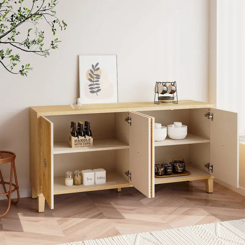Buffet Vintage 4 Portes Sculpté avec Étagères Réglables et Pieds en Bois Massif