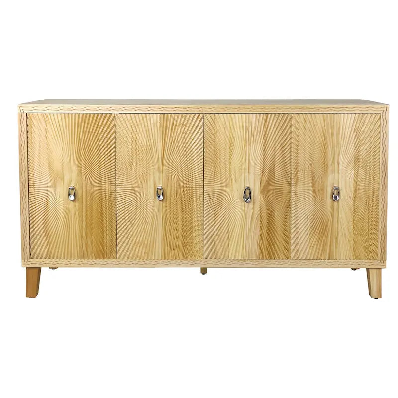 Buffet Vintage 4 Portes Sculpté avec Étagères Réglables et Pieds en Bois Massif