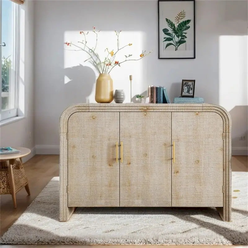 Curved 3-Door Sideboard with Fir Veneer & Gold Zinc Alloy Handles