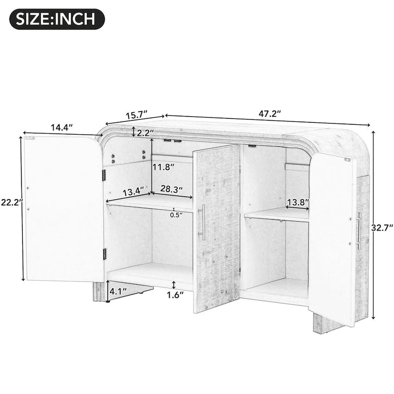 Enfilade Courbe à 3 Portes avec Placage en Bois de Sapin et Poignées en Alliage de Zinc Doré