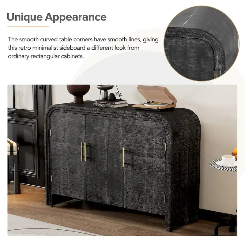Curved 3-Door Sideboard with Fir Veneer & Gold Zinc Alloy Handles