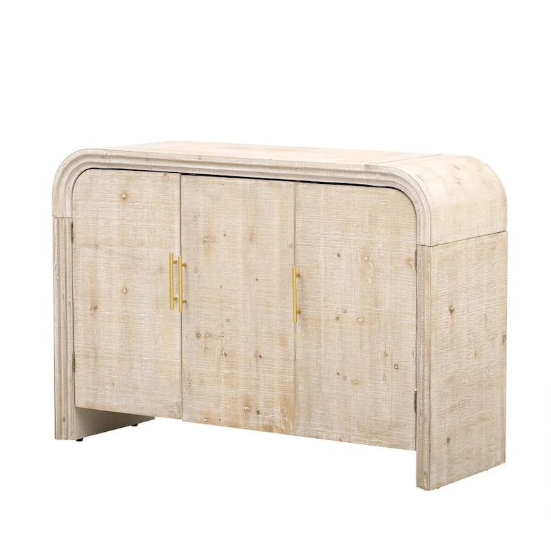 Enfilade Courbe à 3 Portes avec Placage en Bois de Sapin et Poignées en Alliage de Zinc Doré