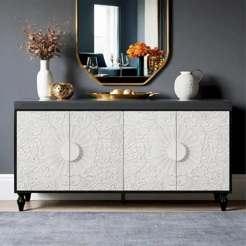 Vintage Carved 2-Door Storage Cabinet & TV Stand with Adjustable Shelves