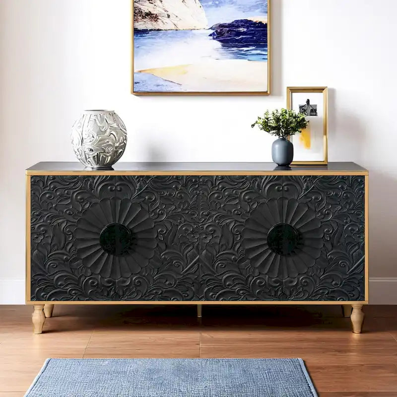 Meuble de rangement et meuble TV vintage sculpté à 2 portes avec étagères réglables