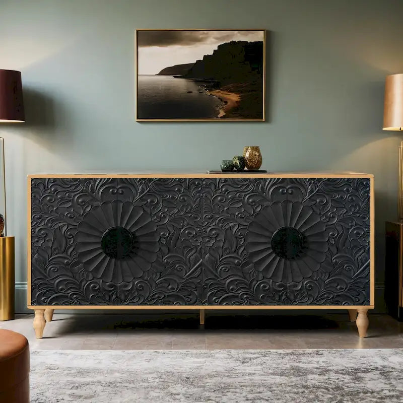 Meuble de rangement et meuble TV vintage sculpté à 2 portes avec étagères réglables
