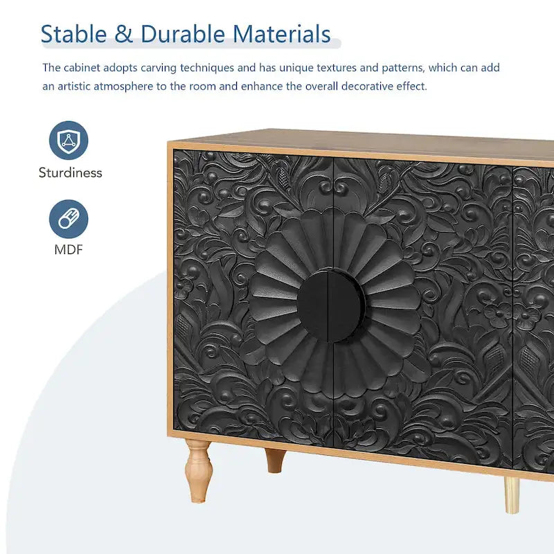 Meuble de rangement et meuble TV vintage sculpté à 2 portes avec étagères réglables