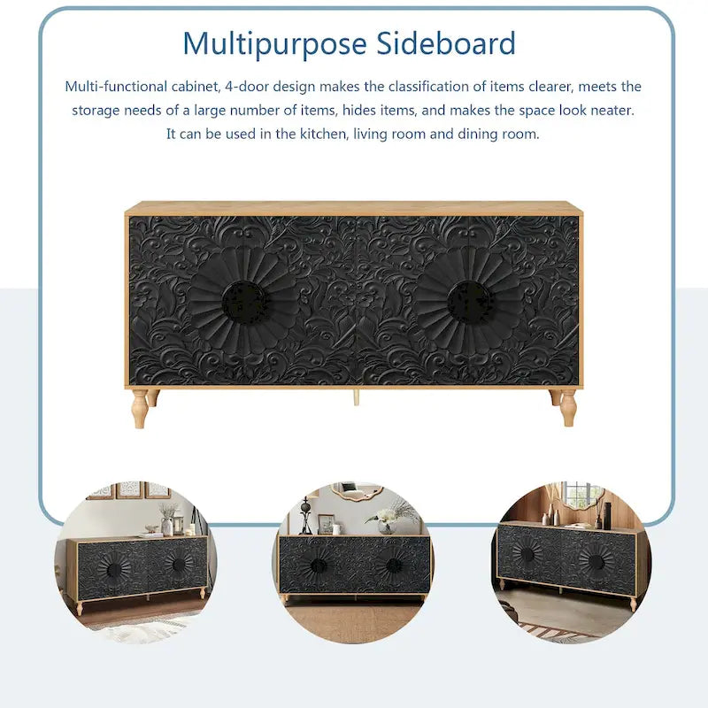 Meuble de rangement et meuble TV vintage sculpté à 2 portes avec étagères réglables