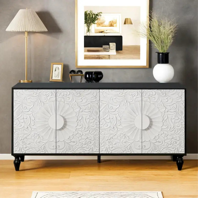 Meuble de rangement et meuble TV vintage sculpté à 2 portes avec étagères réglables