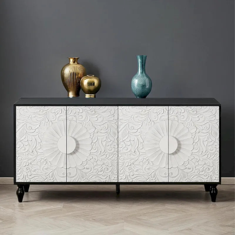 Meuble de rangement et meuble TV vintage sculpté à 2 portes avec étagères réglables