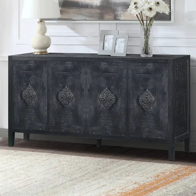 Antique 4-Door Sideboard with Carved Flower Handles & Pine Veneer Finish