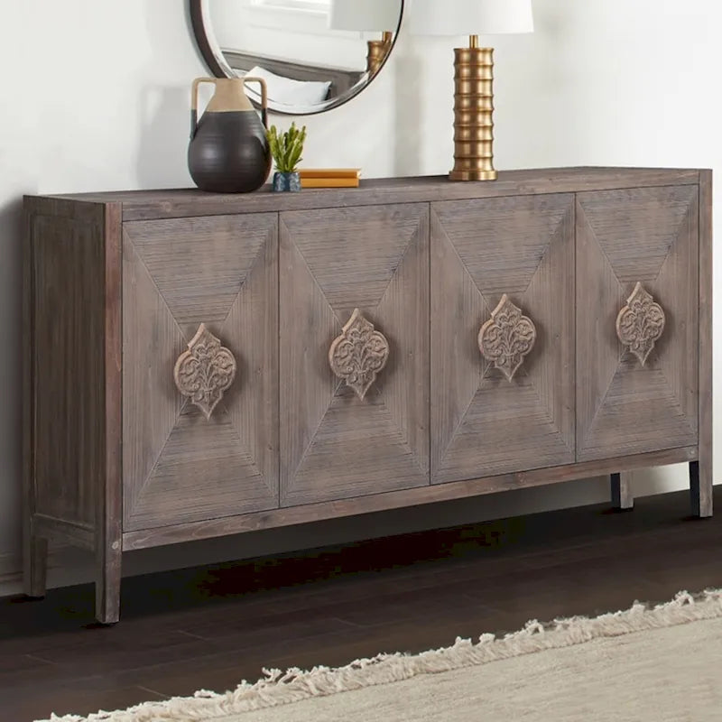 Antique 4-Door Sideboard with Carved Flower Handles & Pine Veneer Finish