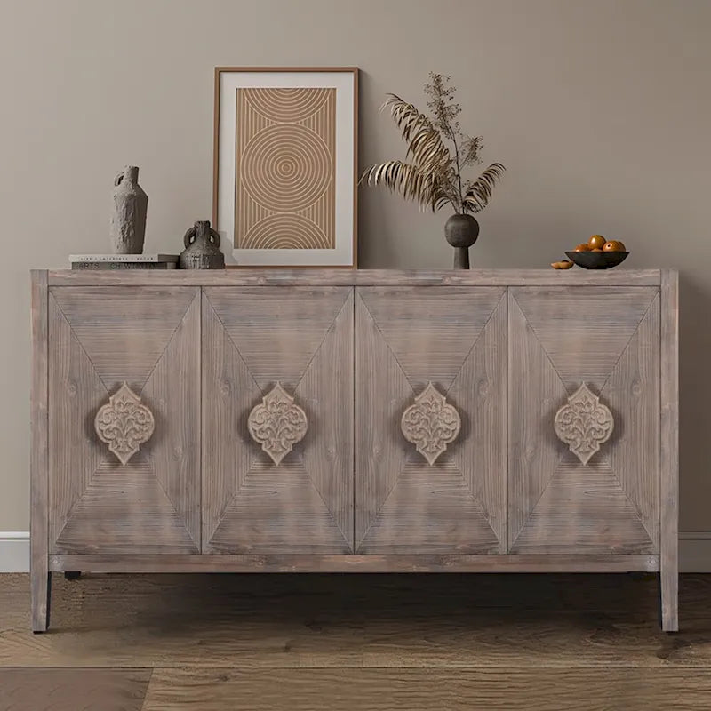Antique 4-Door Sideboard with Carved Flower Handles & Pine Veneer Finish