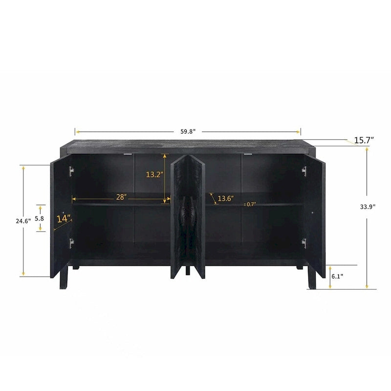 Antique 4-Door Sideboard with Carved Flower Handles & Pine Veneer Finish