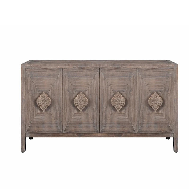 Antique 4-Door Sideboard with Carved Flower Handles & Pine Veneer Finish