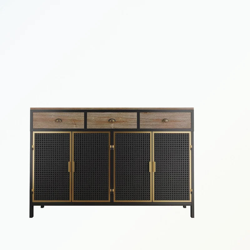 Buffet moderne avec 4 portes, 3 tiroirs supérieurs et une surface de présentation spacieuse – Fer et bois massif
