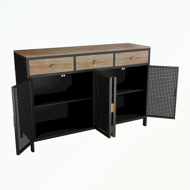 Buffet moderne avec 4 portes, 3 tiroirs supérieurs et une surface de présentation spacieuse – Fer et bois massif