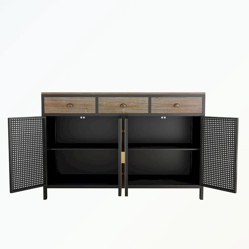 Buffet moderne avec 4 portes, 3 tiroirs supérieurs et une surface de présentation spacieuse – Fer et bois massif