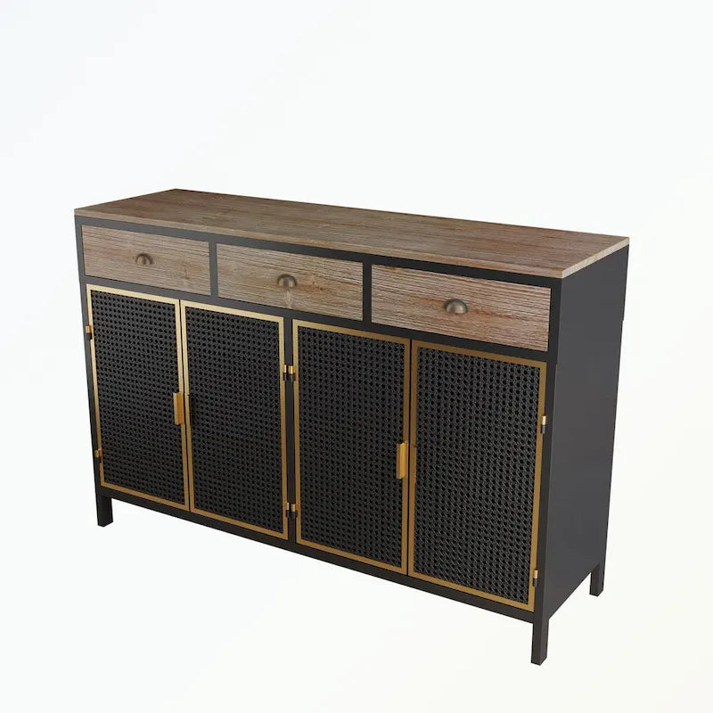 Buffet moderne avec 4 portes, 3 tiroirs supérieurs et une surface de présentation spacieuse – Fer et bois massif