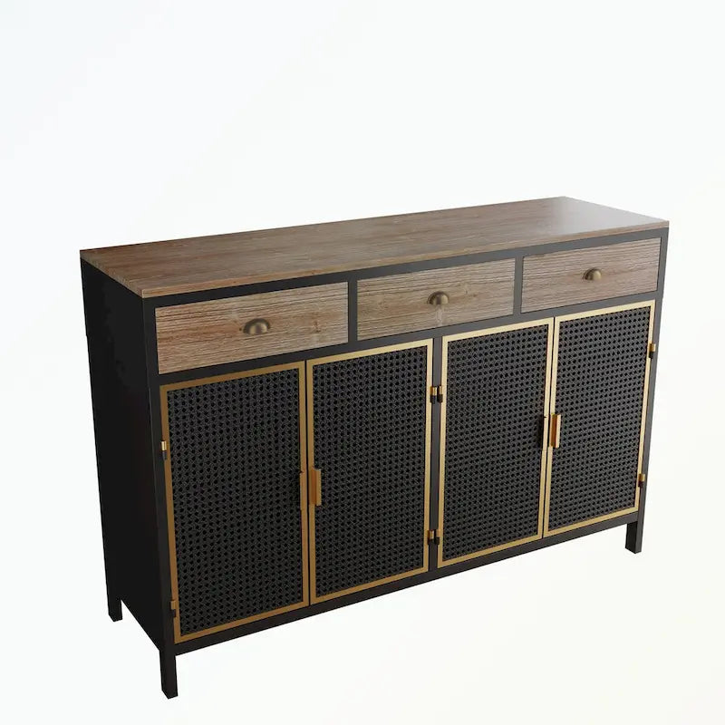 Buffet moderne avec 4 portes, 3 tiroirs supérieurs et une surface de présentation spacieuse – Fer et bois massif