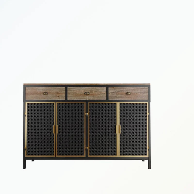 Buffet moderne avec 4 portes, 3 tiroirs supérieurs et une surface de présentation spacieuse – Fer et bois massif