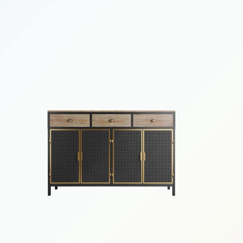 Buffet moderne avec 4 portes, 3 tiroirs supérieurs et une surface de présentation spacieuse – Fer et bois massif