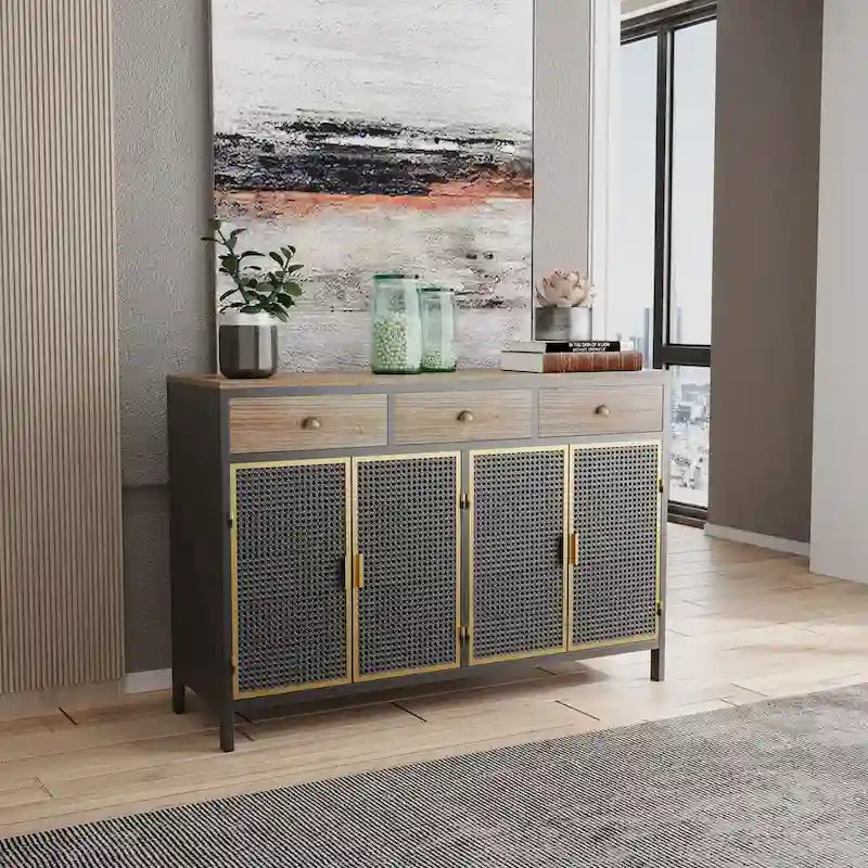 Buffet moderne avec 4 portes, 3 tiroirs supérieurs et une surface de présentation spacieuse – Fer et bois massif