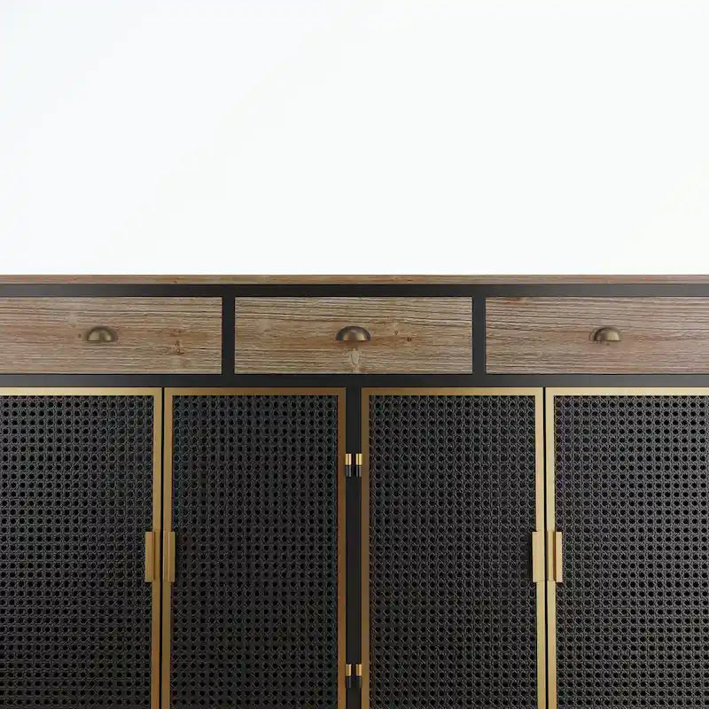 Buffet moderne avec 4 portes, 3 tiroirs supérieurs et une surface de présentation spacieuse – Fer et bois massif