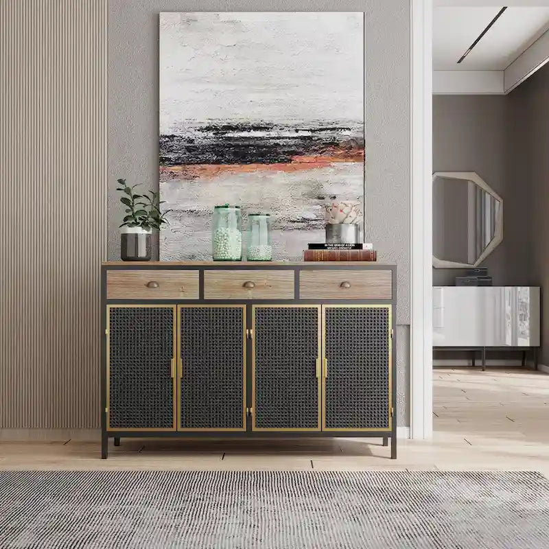 Buffet moderne avec 4 portes, 3 tiroirs supérieurs et une surface de présentation spacieuse – Fer et bois massif