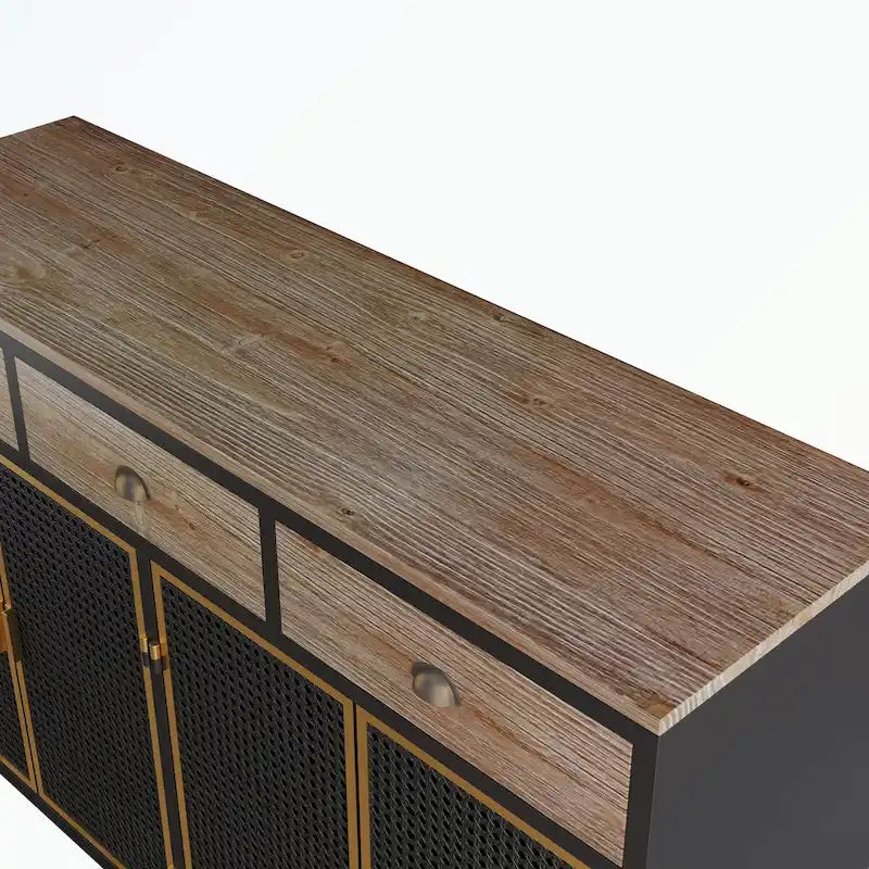 Buffet moderne avec 4 portes, 3 tiroirs supérieurs et une surface de présentation spacieuse – Fer et bois massif