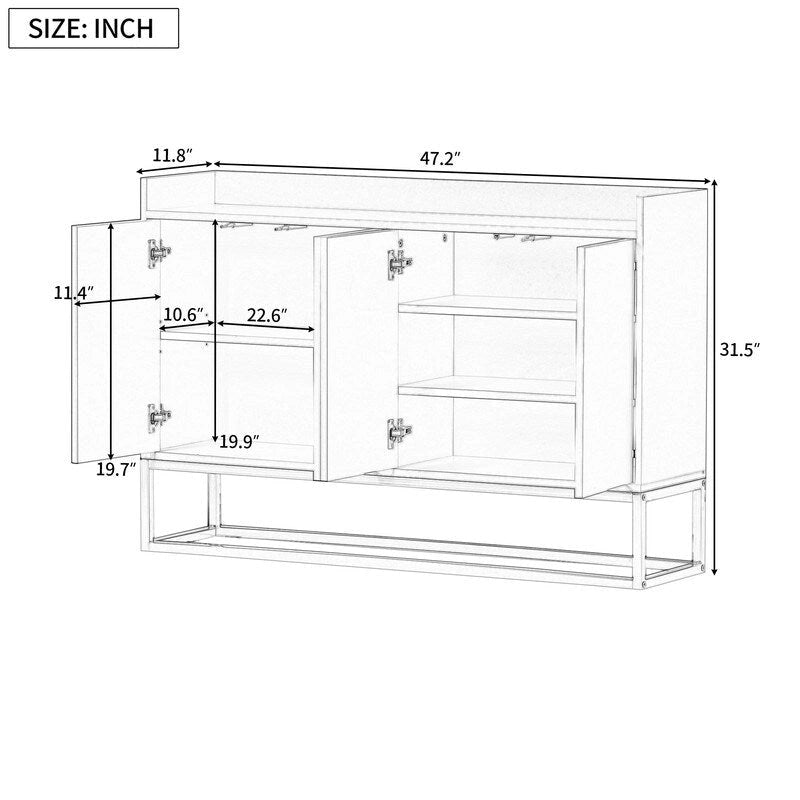 Buffet de 119 cm avec pieds dorés, système d'ouverture par pression, barrière de protection sur le plateau et 4 portes sans poignée