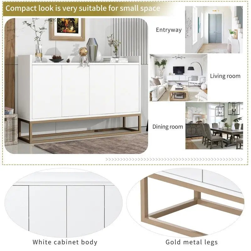 Buffet de 119 cm avec pieds dorés, système d'ouverture par pression, barrière de protection sur le plateau et 4 portes sans poignée