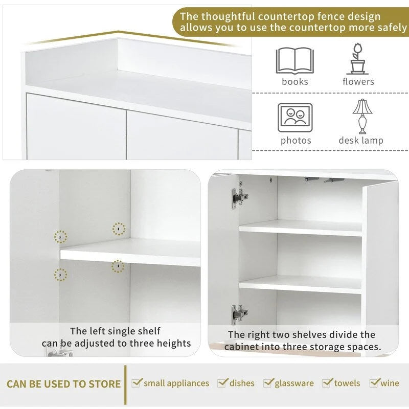 Buffet de 119 cm avec pieds dorés, système d'ouverture par pression, barrière de protection sur le plateau et 4 portes sans poignée