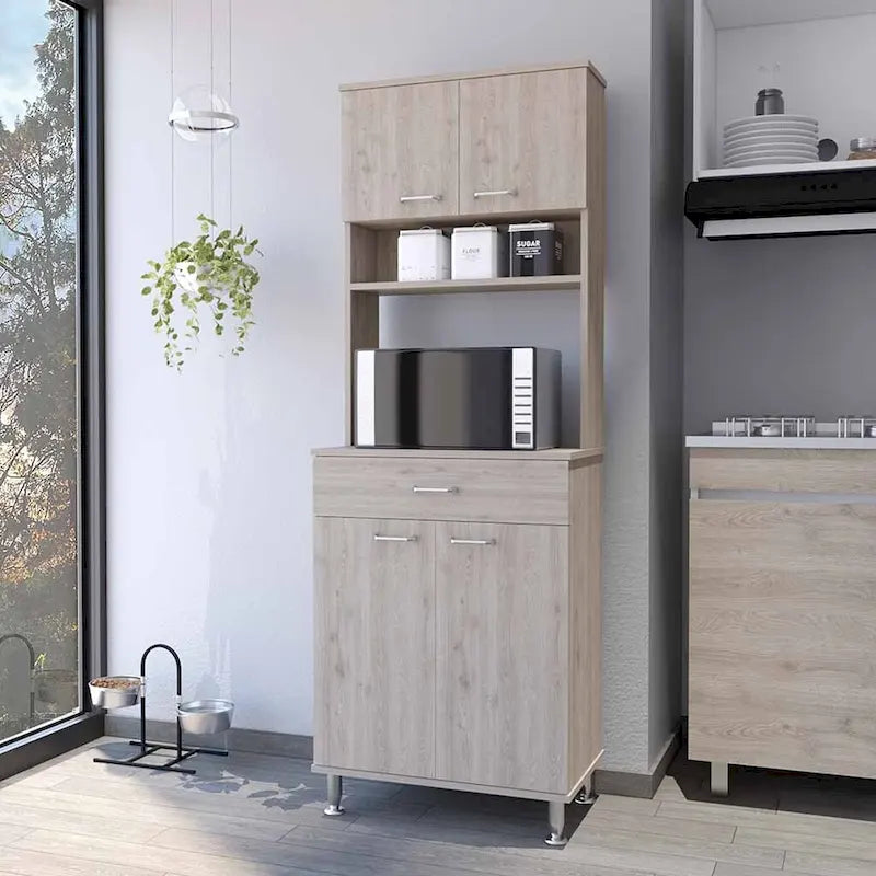 Armoire de rangement avec 4 portes, compartiment central pour appareils électroménagers et étagère à épices – Gris clair