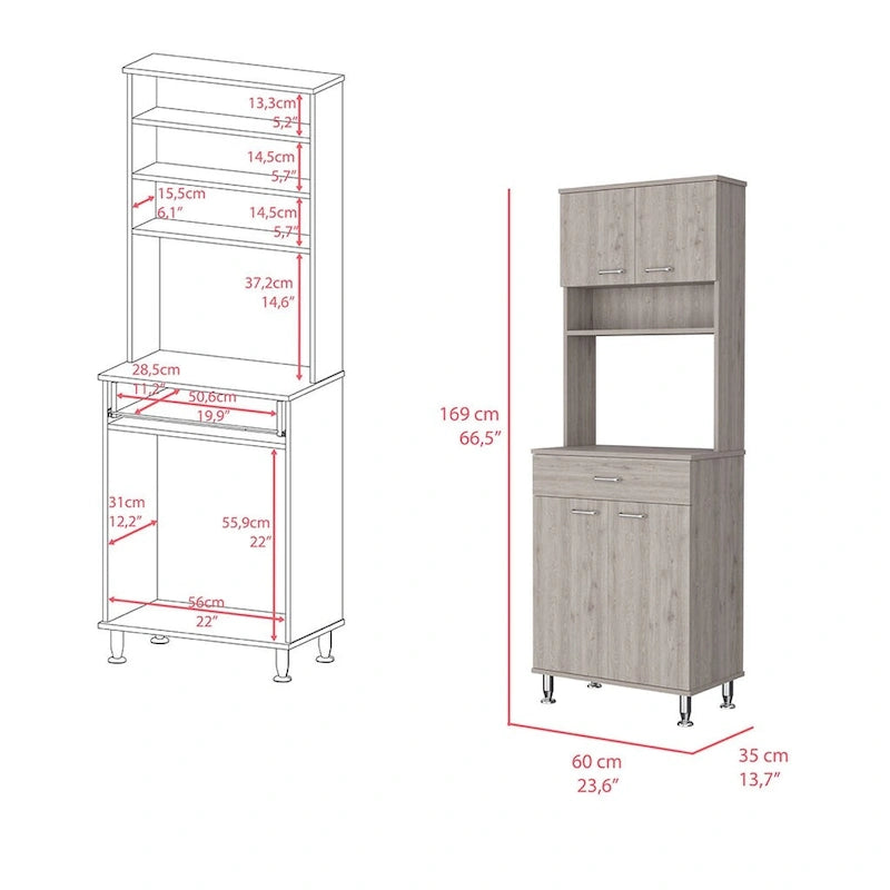 Armoire de rangement avec 4 portes, compartiment central pour appareils électroménagers et étagère à épices – Gris clair