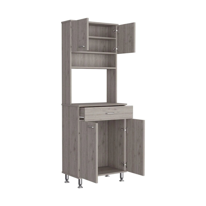 Armoire de rangement avec 4 portes, compartiment central pour appareils électroménagers et étagère à épices – Gris clair
