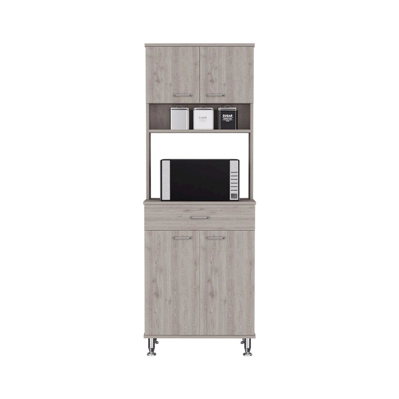 Armoire de rangement avec 4 portes, compartiment central pour appareils électroménagers et étagère à épices – Gris clair