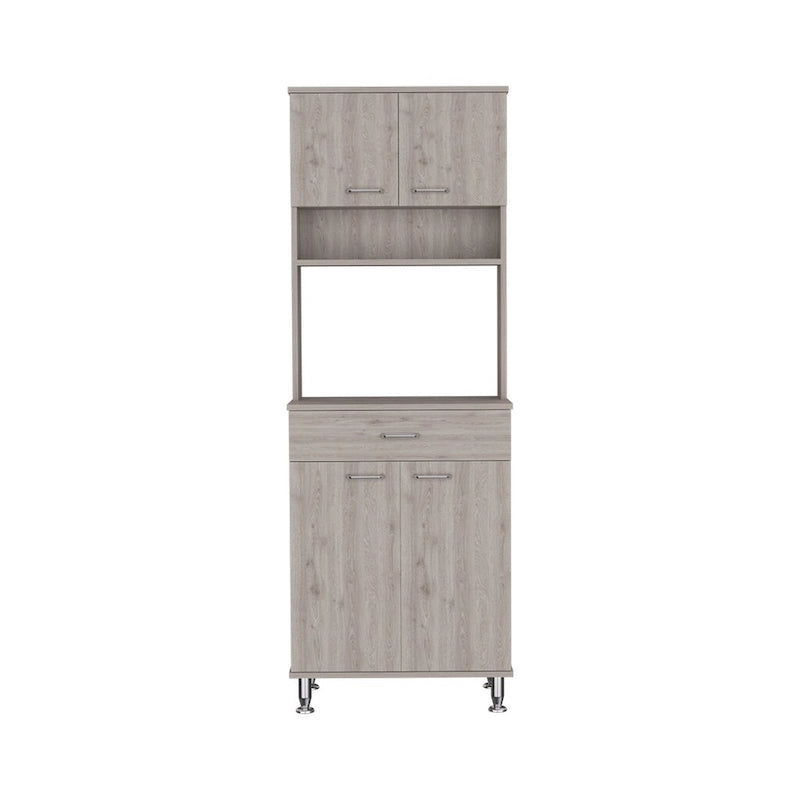 Armoire de rangement avec 4 portes, compartiment central pour appareils électroménagers et étagère à épices – Gris clair