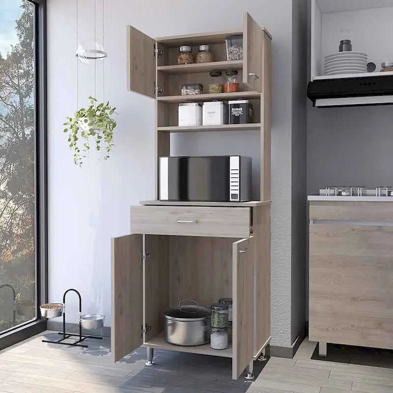 Armoire de rangement avec 4 portes, compartiment central pour appareils électroménagers et étagère à épices – Gris clair
